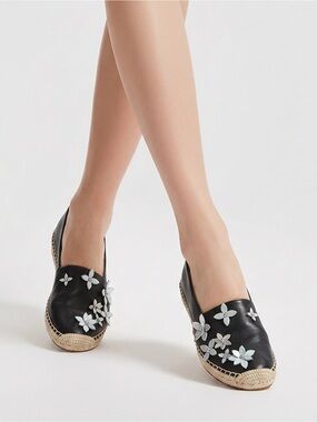 Michael Kors Lola Floral Applique Leather Espadrille Flats